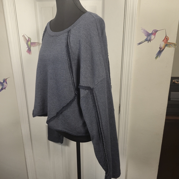 VASNA Italy Blue Raw Hem Exposed Seam Boxy Lagenlook Cropped Sweatshirt L - Picture 3 of 6